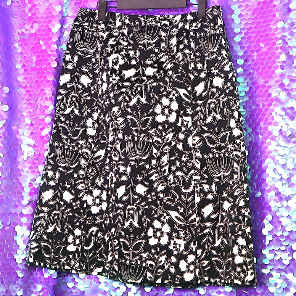 Black Floral Midi Skirt 12 Sigrid Olsen Womens Embroidered A-Line Office Boho